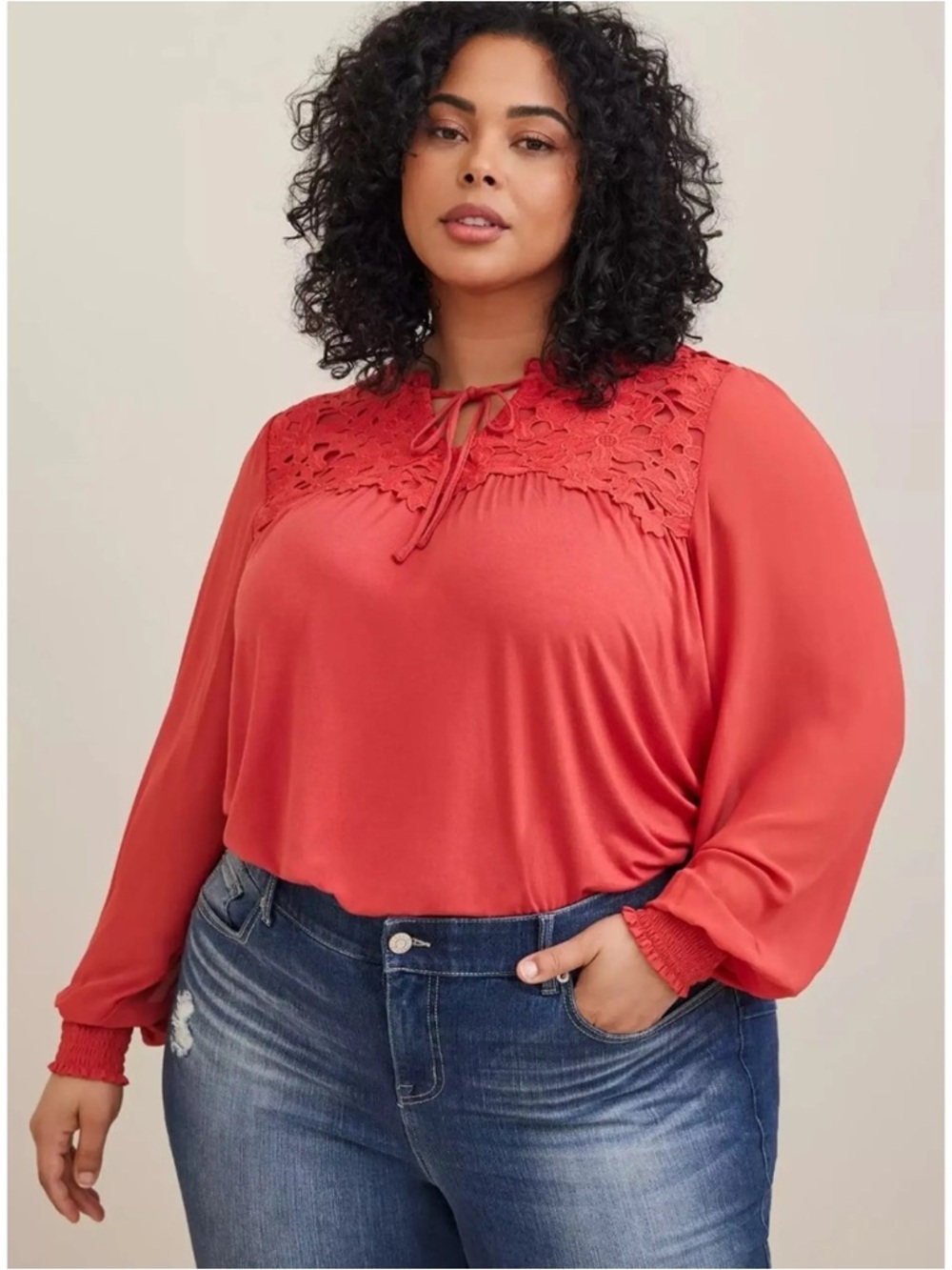 Torrid Super Soft Chiffon Sleeve Lace Inset Top Coral